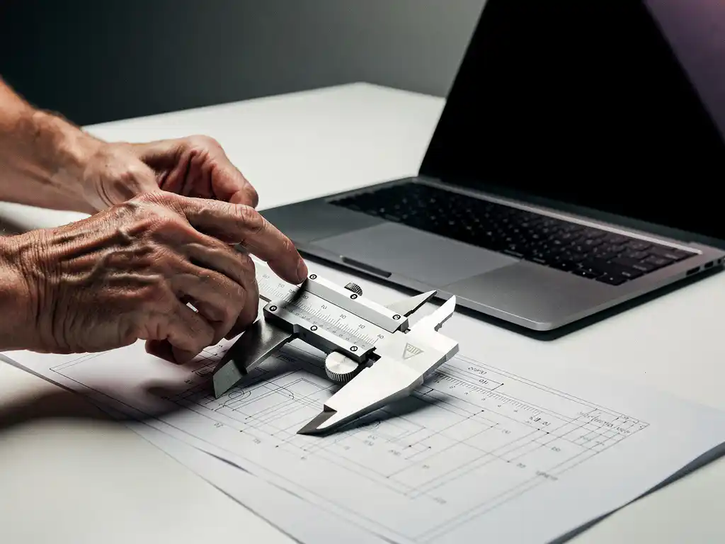 Senior engineer's hands beside a precision mechanical caliper and open laptop on a white desk with blueprint schematic underneath.