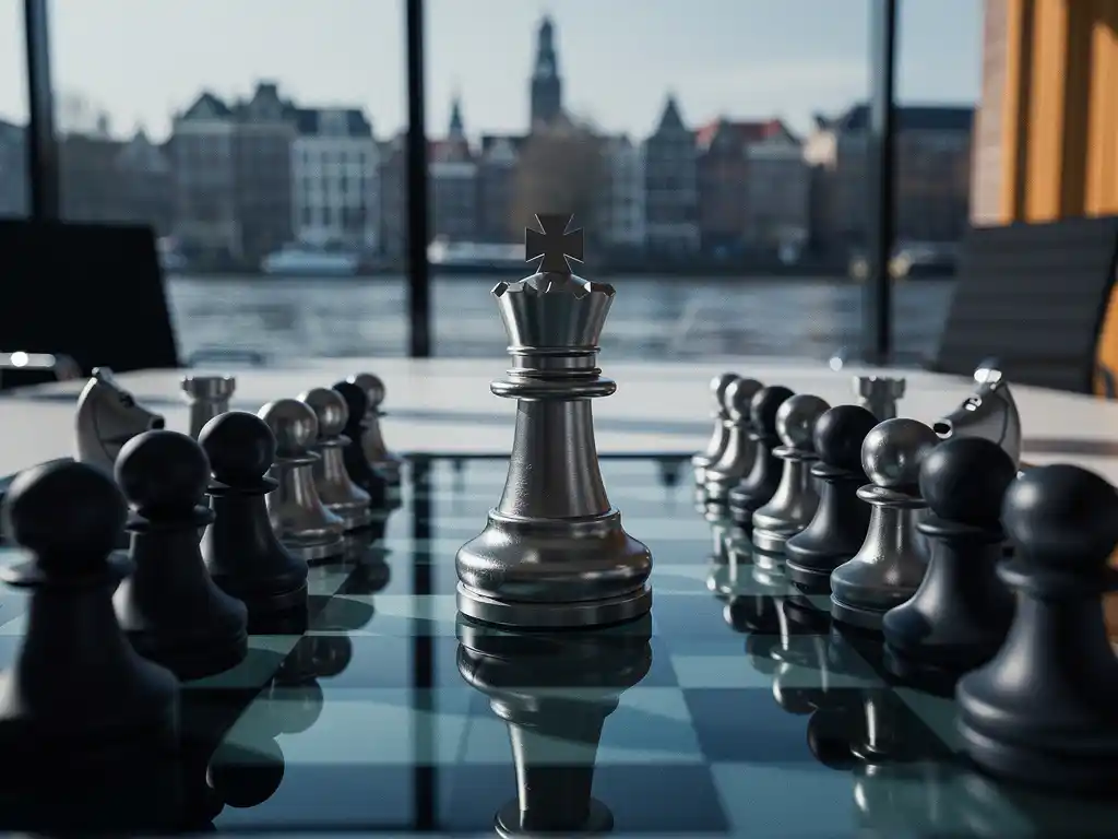 Brushed steel chess queen on a glass board surrounded by matte plastic pawns, Amsterdam skyline visible through office windows behind it.
