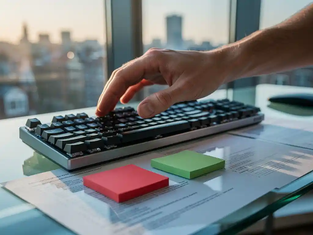 Developer's hand over mechanical keyboard with red FAIL and green PASS sticky notes on glass desk, clean code beneath in Amsterdam workspace.