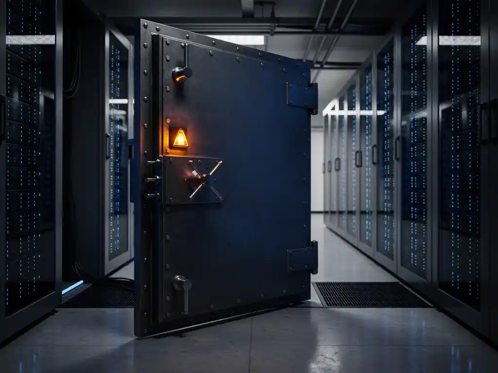Steel vault door ajar in a modern server room, blue rack server lights and amber warning glow casting shadows on polished concrete.