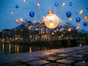 Glowing glass spheres connected by fiber-thin bridges above an Amsterdam canal at dusk, with one central orb brighter than the rest.