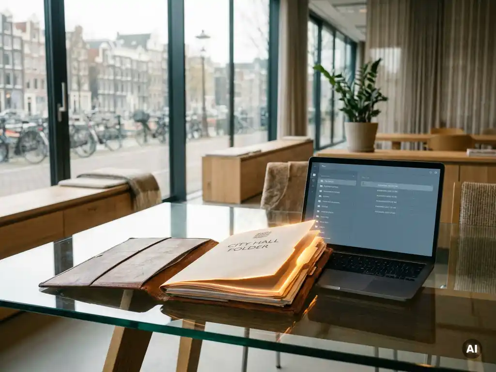 Open city hall document folder on a glass desk beside a laptop displaying a digital municipal case queue in a modern Amsterdam office.