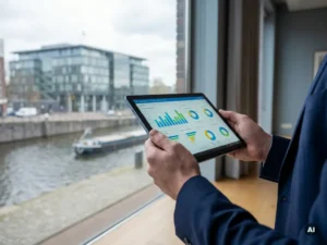 City official holding a tablet with colorful service dashboards, Amsterdam canal and civic building visible through glass window behind.