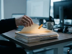 Analyst's hand selecting a flagged amber-highlighted document from a towering stack of reports on a modern desk.