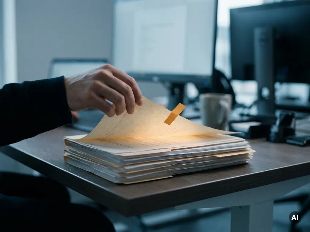Analyst's hand selecting a flagged amber-highlighted document from a towering stack of reports on a modern desk.