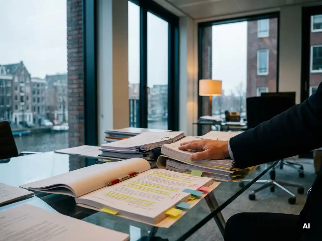 Frustrated analyst's hand resting on a thick stack of annotated reports with sticky notes and red markings on a glass desk in a modern Amsterdam office.