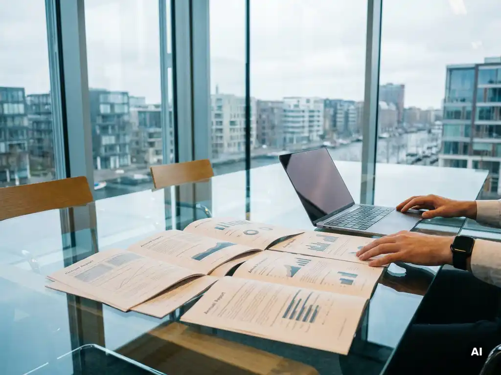 Financial analyst spreading printed annual reports across a glass desk beside an open laptop in a modern Amsterdam high-rise office.