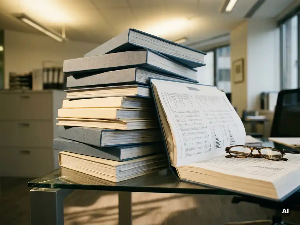 Tall stack of thick annual reports on a glass desk, one open to dense financial data columns, reading glasses resting on top.