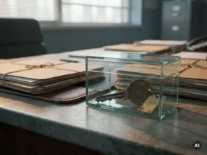 Weathered bronze city hall key inside a glass lockbox on a concrete municipal desk with organized manila folders.
