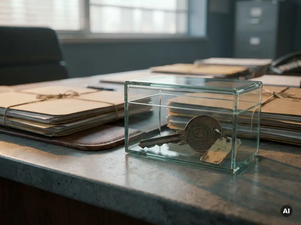 Weathered bronze city hall key inside a glass lockbox on a concrete municipal desk with organized manila folders.