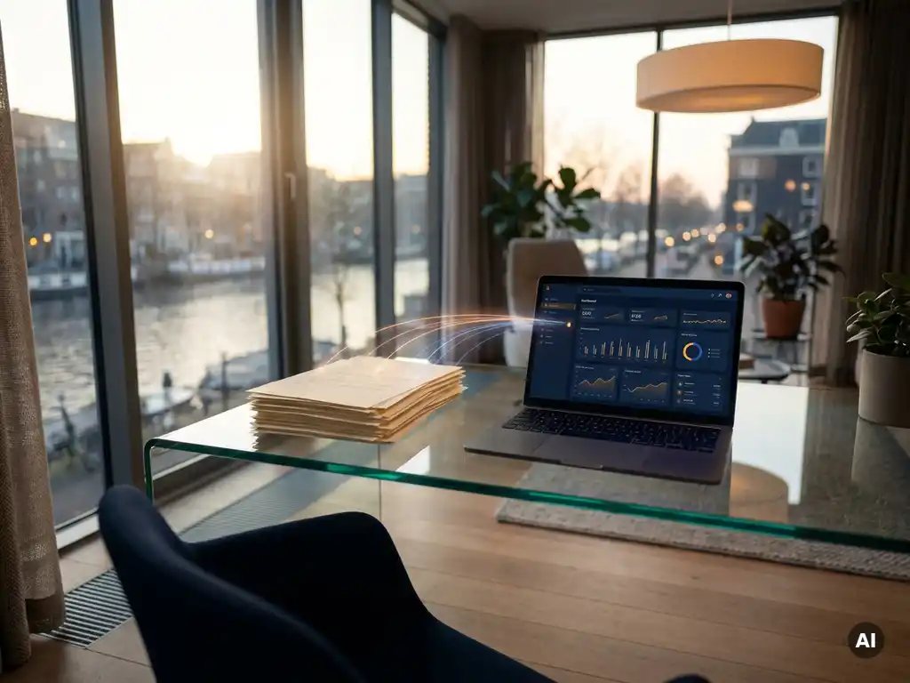 Printed business documents beside a laptop displaying an enterprise dashboard, with light trails flowing from paper to screen in a modern Amsterdam office.