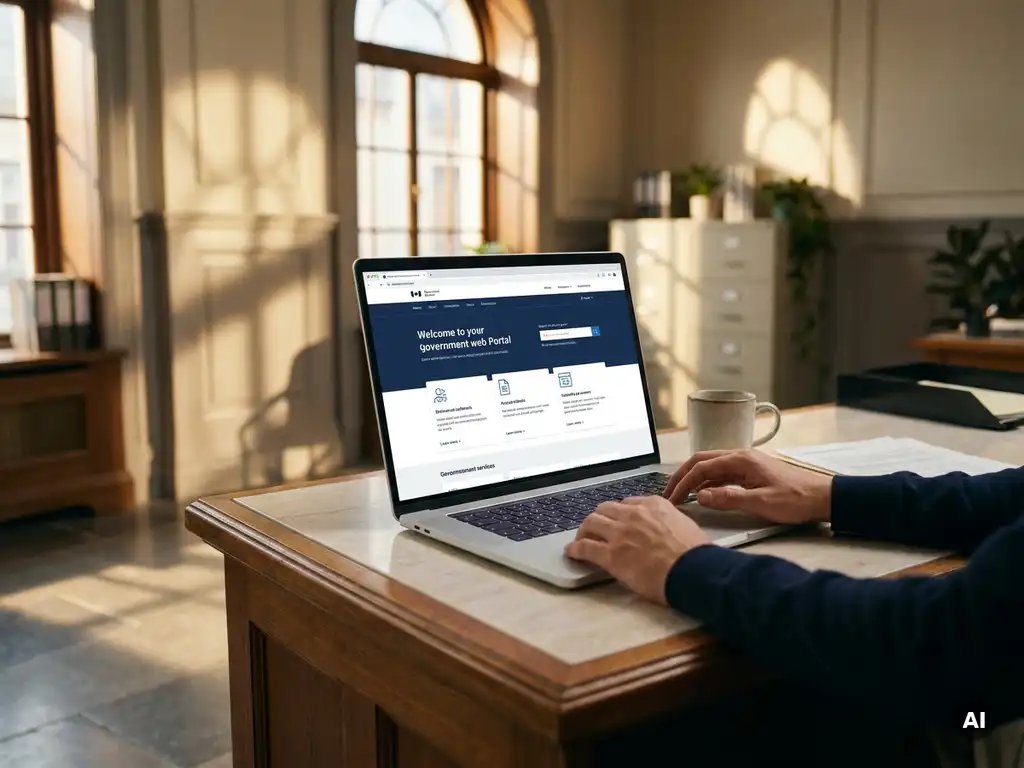 Citizen's hands using a government services portal on a laptop at a sunlit municipal office desk.