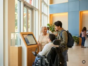 Diverse citizens including an elderly woman and wheelchair user at a government service kiosk in a sunlit modern municipal building.