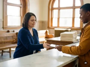 City hall clerk sliding a tablet across a marble counter to a citizen, with paper forms set aside, in a sunlit municipal office.