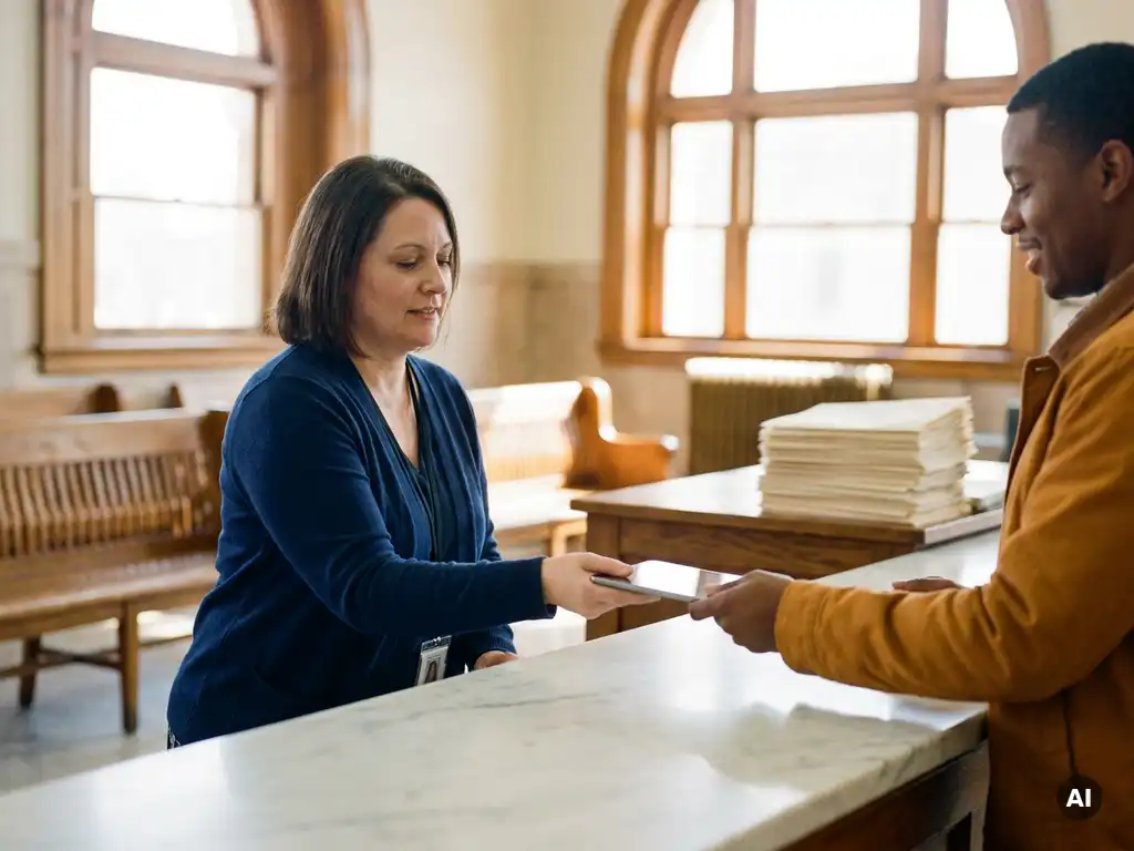 City hall clerk sliding a tablet across a marble counter to a citizen, with paper forms set aside, in a sunlit municipal office.