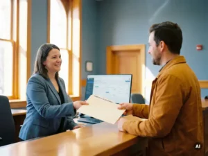 City hall clerk handing a manila folder to a citizen at a government service counter, with a workflow dashboard visible in the background.