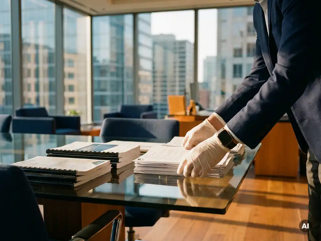 City official spreading updated policy documents across a glass conference table, municipal building visible through floor-to-ceiling windows in golden afternoon light.