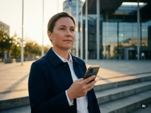 City official reviewing a glowing smartphone dashboard with live municipal data outside a modern glass government building at golden hour.