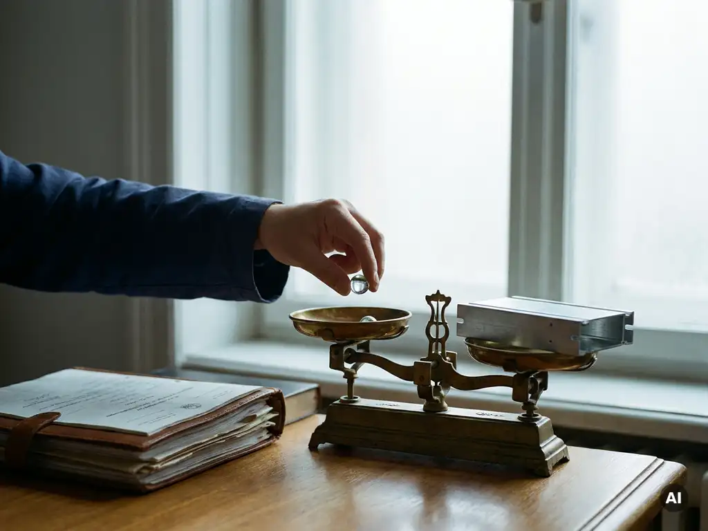 Civil servant's hand placing a glass marble on a brass scale balancing government documents against an aluminum server component.