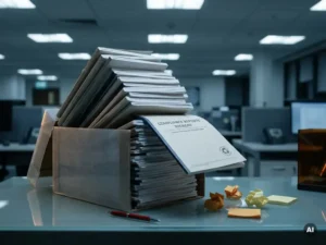 Towering stack of compliance reports teetering on a glass desk, one document slipping loose, red pen and sticky notes scattered nearby.