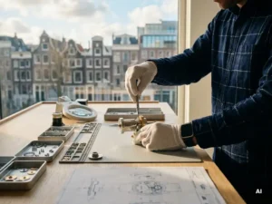 Developer assembling a custom mechanical tool at a modern Amsterdam office desk, with standard components set aside nearby.