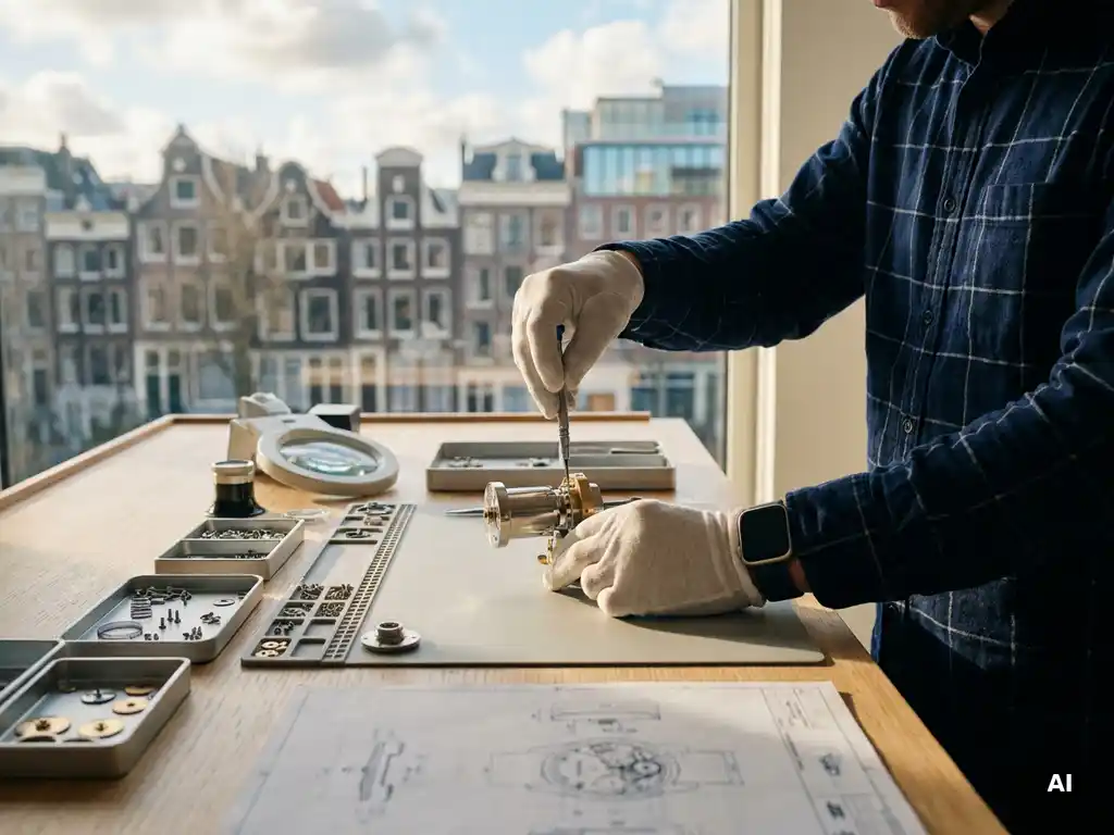 Developer assembling a custom mechanical tool at a modern Amsterdam office desk, with standard components set aside nearby.