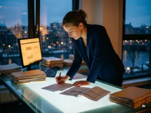 Data analyst cross-referencing reports with a red pen at a glass desk in an Amsterdam high-rise office, surrounded by stacked documents.