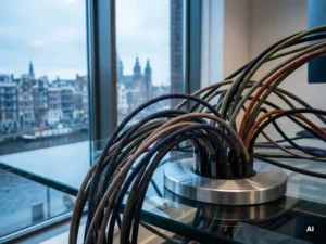 Multicolored data cables converging into a silver hub on a glass desk, with a blurred Amsterdam skyline in the background.