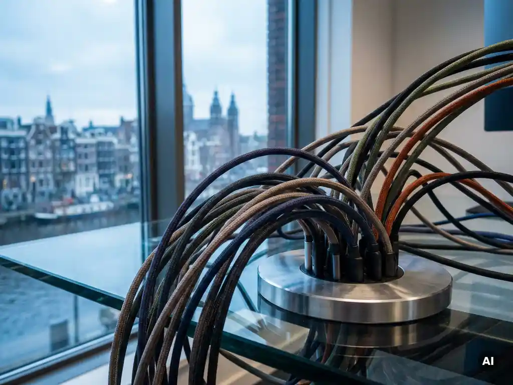 Multicolored data cables converging into a silver hub on a glass desk, with a blurred Amsterdam skyline in the background.
