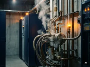Tangled industrial pipes converging at an overloaded junction with steam escaping pressure valves inside a server room lit by amber warning light.
