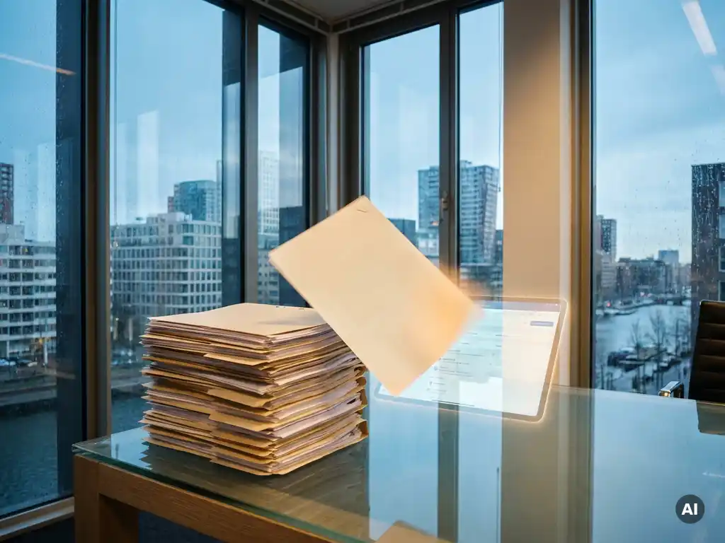 Towering stack of office documents on a glass desk, one paper transforming into a glowing digital file, Amsterdam high-rise visible through floor-to-ceiling windows.