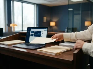 Citizen submitting a single form at a government office desk beside a laptop displaying a digital workflow dashboard.
