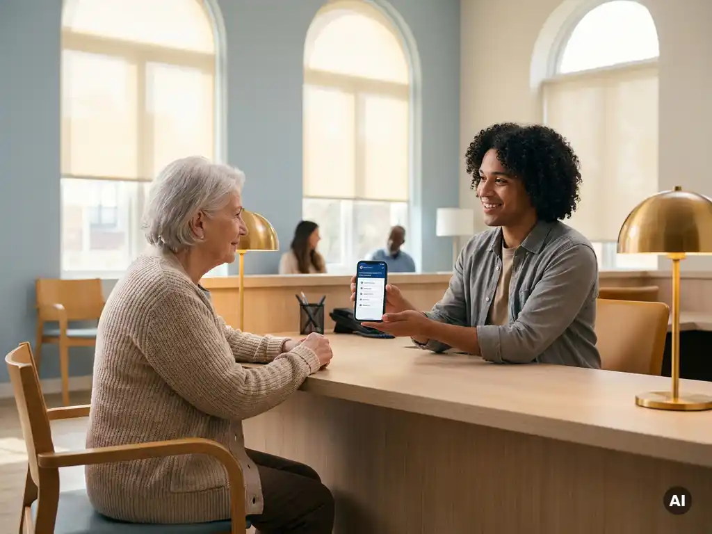 Citizen helping elderly woman access a government digital services portal on a smartphone at a municipal service desk.