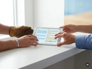 Diverse hands reaching toward a tablet displaying an adaptive form interface, representing inclusive digital government services.