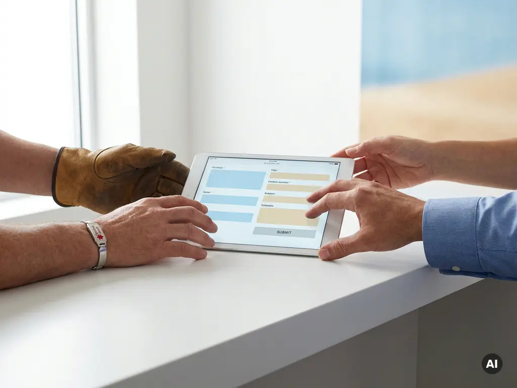 Diverse hands reaching toward a tablet displaying an adaptive form interface, representing inclusive digital government services.