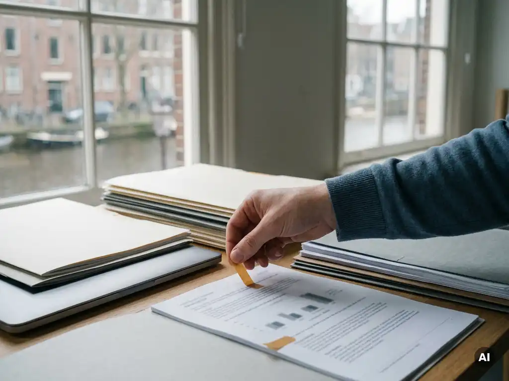 Hand placing a flagged sticky note on a printed document beside a laptop in a minimal Amsterdam office with neatly stacked papers.