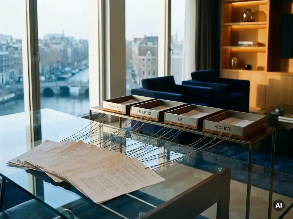 Printed documents fanning across a glass desk, connected by string trails leading to labeled trays in an Amsterdam high-rise office with floor-to-ceiling windows.
