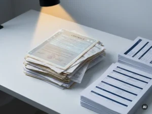 Mixed contracts, invoices, and handwritten forms scanned by a light beam, with extracted data organizing into clean sheets on a white desk.