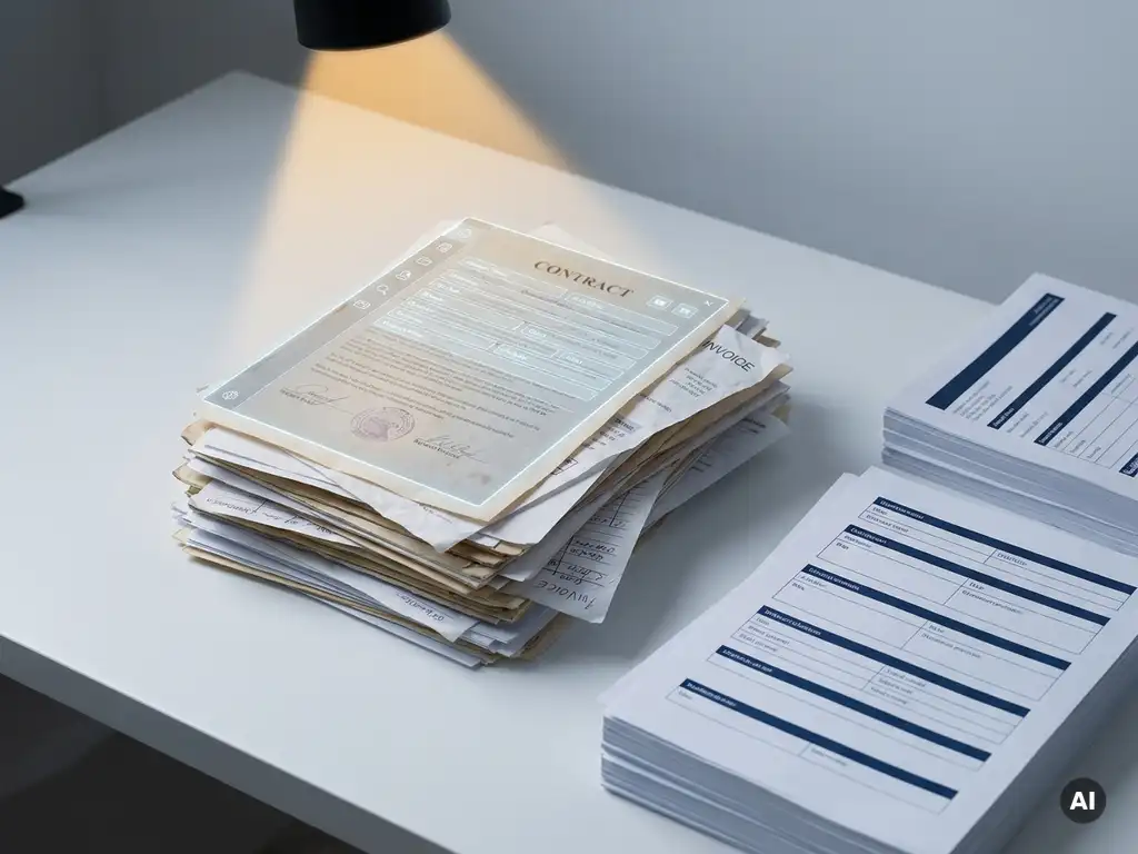 Mixed contracts, invoices, and handwritten forms scanned by a light beam, with extracted data organizing into clean sheets on a white desk.