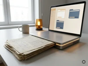 Dense stack of annotated documents with tables and footnotes beside a sleek laptop organizing data in a modern workspace.