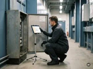 Field technician crouching beside an open electrical panel, using a tablet on a portable stand in an industrial corridor.