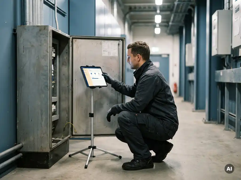 Field technician crouching beside an open electrical panel, using a tablet on a portable stand in an industrial corridor.