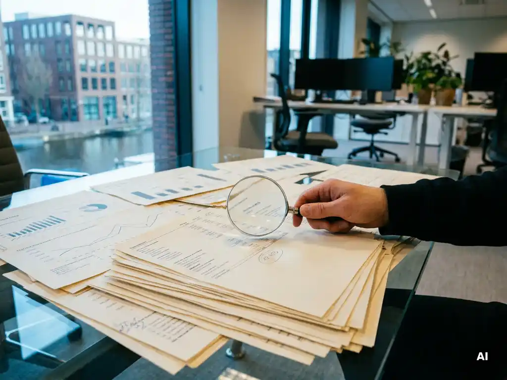 Analyst's hand pressing a magnifying glass over mismatched financial documents spread across a glass desk, one figure circled, Amsterdam office.