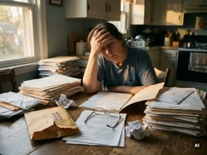 Frustrated citizen at kitchen table surrounded by towering stacks of government forms and an opened municipal envelope in warm afternoon light.