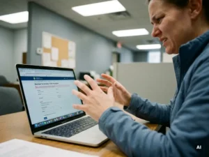 Frustrated citizen pulling hands away from laptop keyboard with half-completed government form on screen in a grey municipal office.