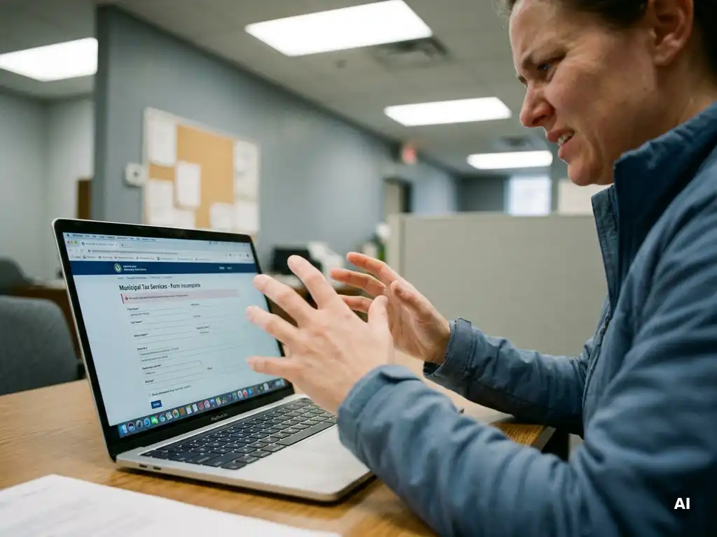 Frustrated citizen pulling hands away from laptop keyboard with half-completed government form on screen in a grey municipal office.