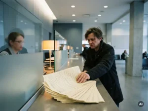 Frustrated citizen pushing a thick stack of redundant paper forms across a government service desk counter.