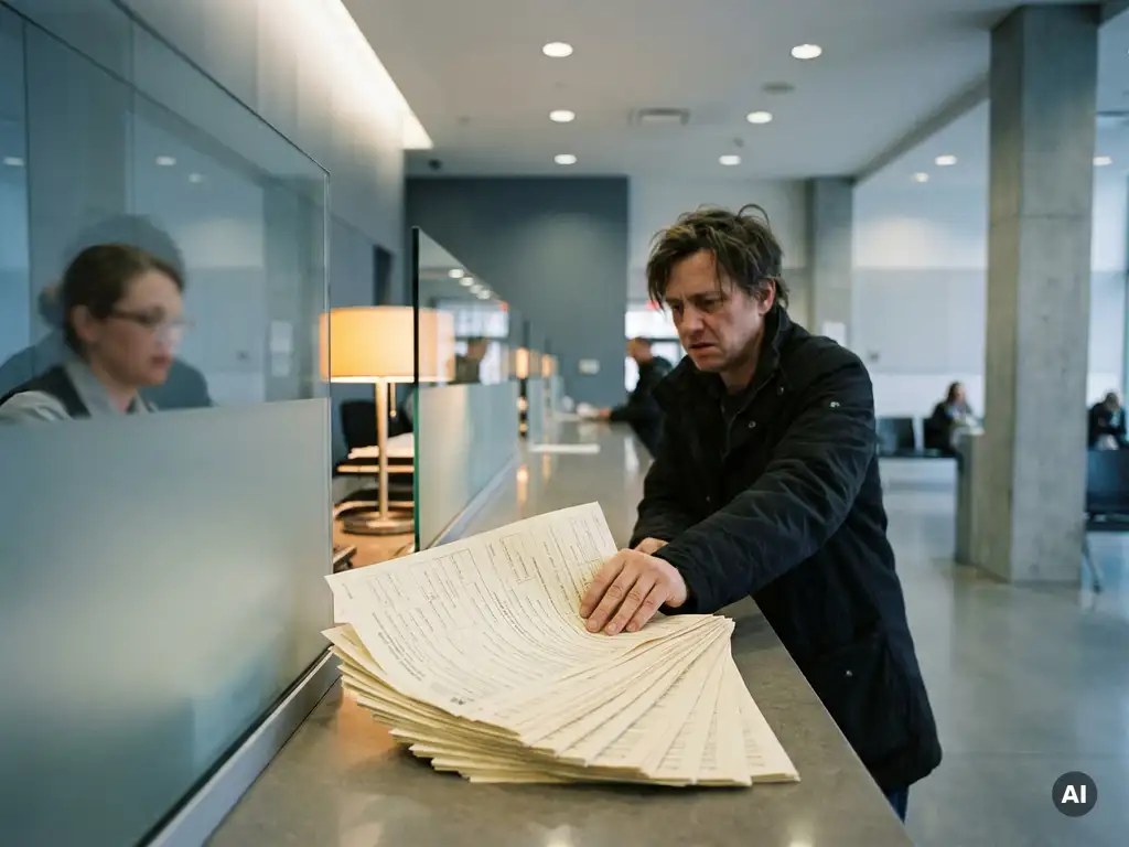 Frustrated citizen pushing a thick stack of redundant paper forms across a government service desk counter.