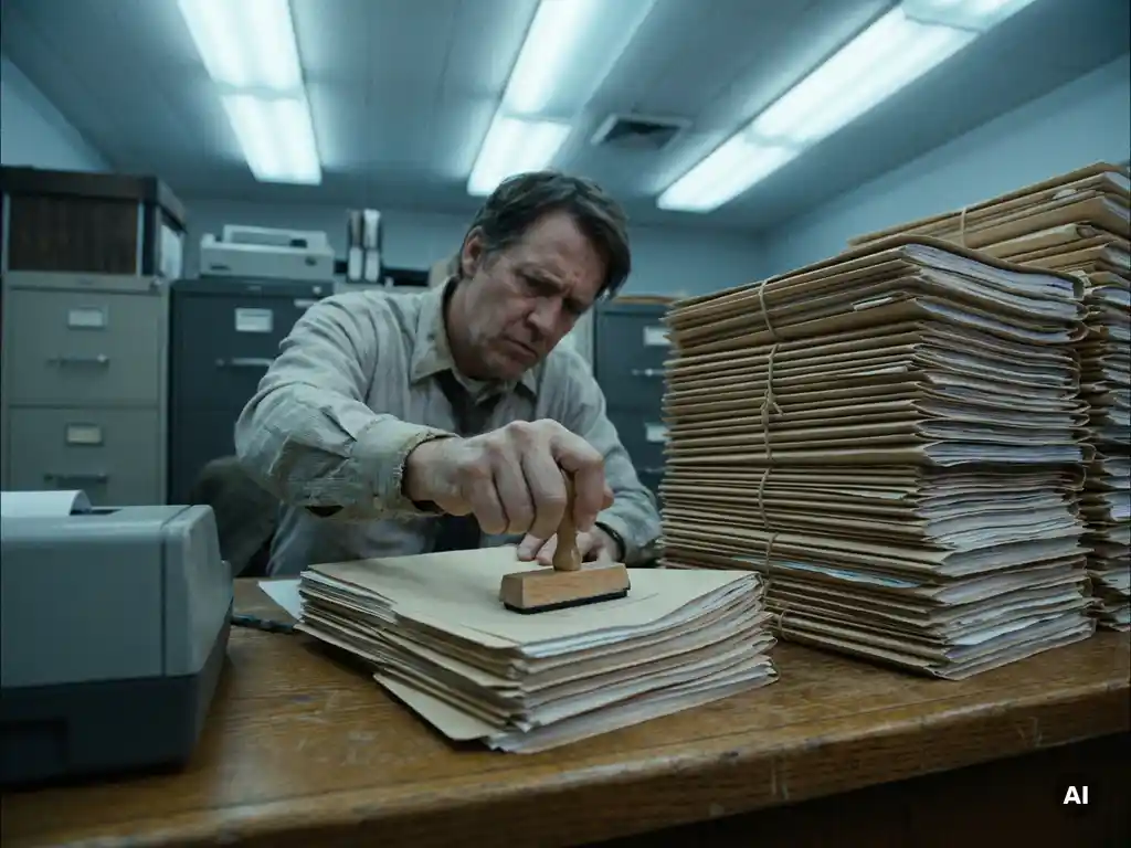 Government clerk stamping forms amid towering stacks of manila folders on a worn oak desk under fluorescent office lighting.