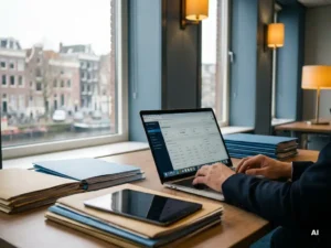 Government official using a laptop dashboard in a modern municipal office, with organized department folders and an Amsterdam skyline visible through large windows.